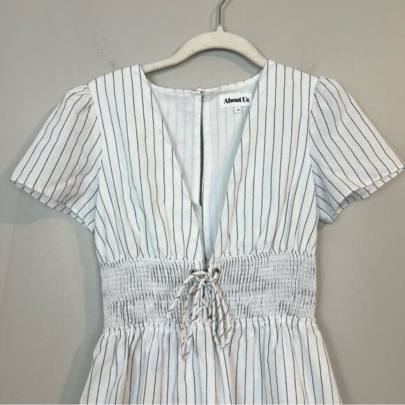 About Us Margo Ruched Waist Dress in White Pinstripe sz S 100% Cotton Revolve - Picture 5 of 7